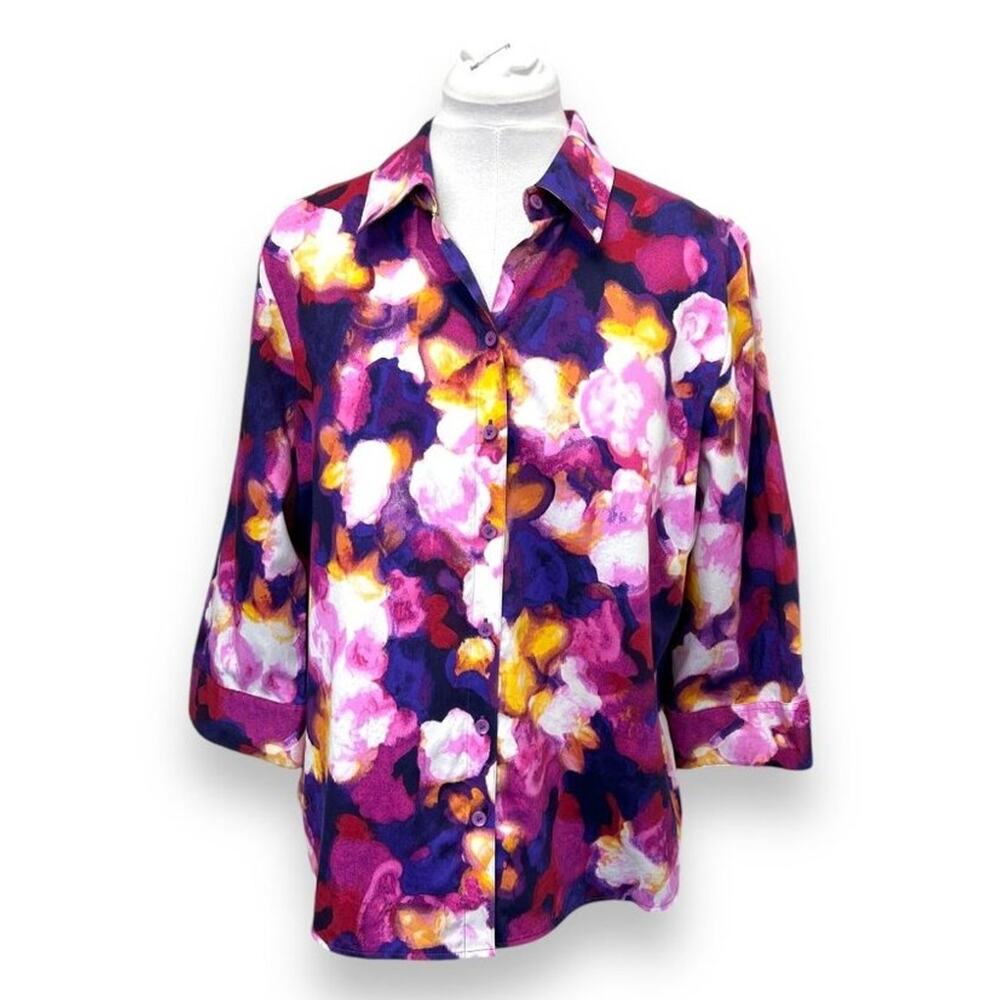 Westbound Women’s 3/4 Sleeve Button-Up Shirt Cotton Colorful Abstract Floral XL